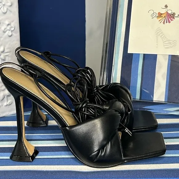 Black square toe knotted strappy wrap tie up high heel sandals sz 10