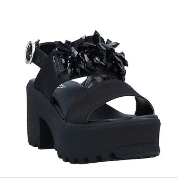 Black Spiked Accents Open Toe Adjustable Ankle Strap Platform Heel Sandals NEW
