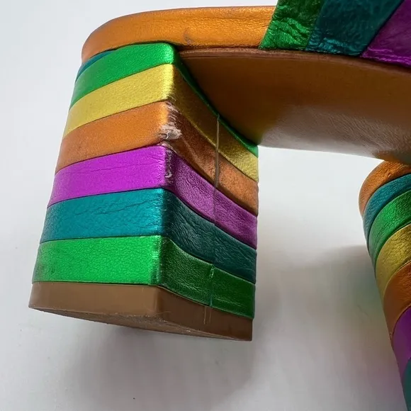 BLUE BIRD WOMEN’S GORGEOUS RAINBOW LEATHER SLIP ON SANDALS HEELS SIZE 6B