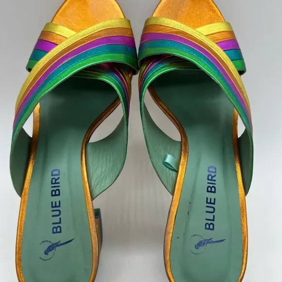 BLUE BIRD WOMEN’S GORGEOUS RAINBOW LEATHER SLIP ON SANDALS HEELS SIZE 6B