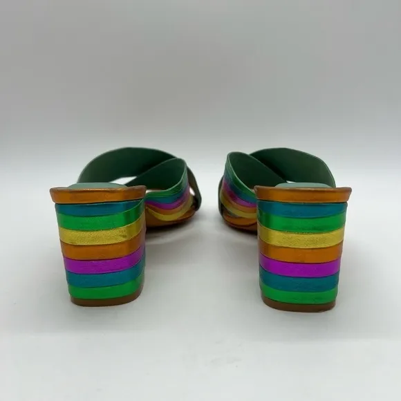BLUE BIRD WOMEN’S GORGEOUS RAINBOW LEATHER SLIP ON SANDALS HEELS SIZE 6B