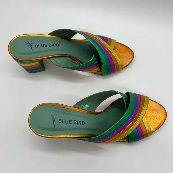 BLUE BIRD WOMEN’S GORGEOUS RAINBOW LEATHER SLIP ON SANDALS HEELS SIZE 6B