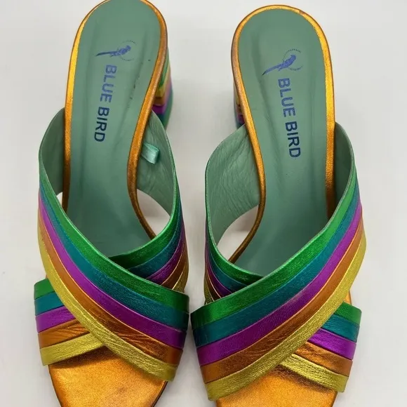 BLUE BIRD WOMEN’S GORGEOUS RAINBOW LEATHER SLIP ON SANDALS HEELS SIZE 6B