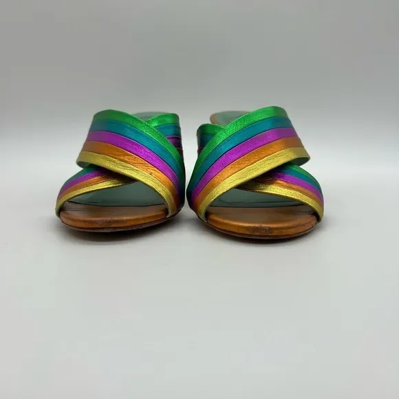 BLUE BIRD WOMEN’S GORGEOUS RAINBOW LEATHER SLIP ON SANDALS HEELS SIZE 6B