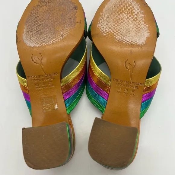 BLUE BIRD WOMEN’S GORGEOUS RAINBOW LEATHER SLIP ON SANDALS HEELS SIZE 6B