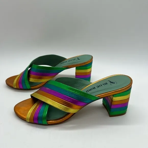 BLUE BIRD WOMEN’S GORGEOUS RAINBOW LEATHER SLIP ON SANDALS HEELS SIZE 6B