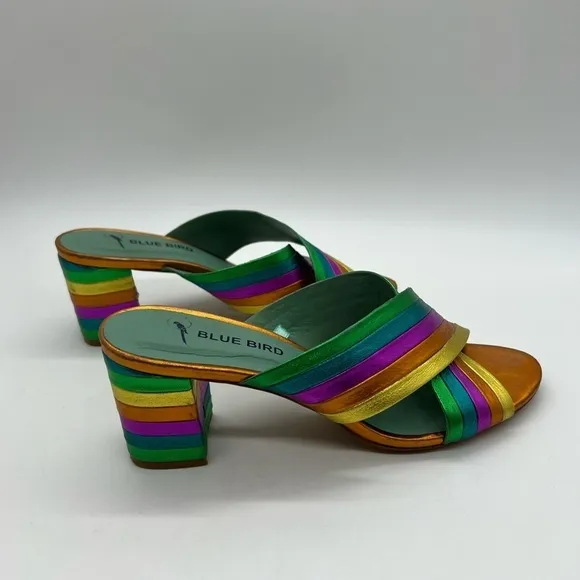 BLUE BIRD WOMEN’S GORGEOUS RAINBOW LEATHER SLIP ON SANDALS HEELS SIZE 6B