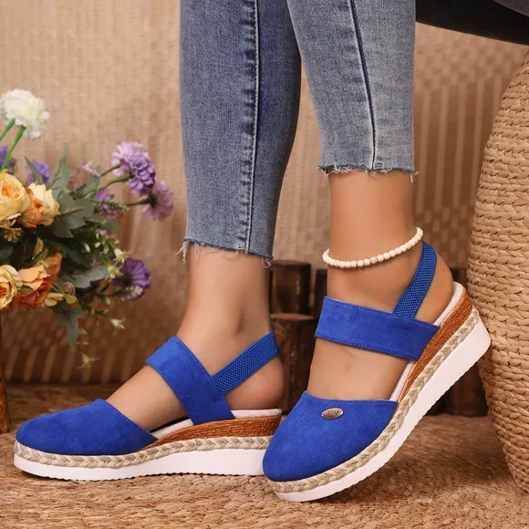 Blue Suede Women's Platform Sandals--Round Toe Wedge Sandals