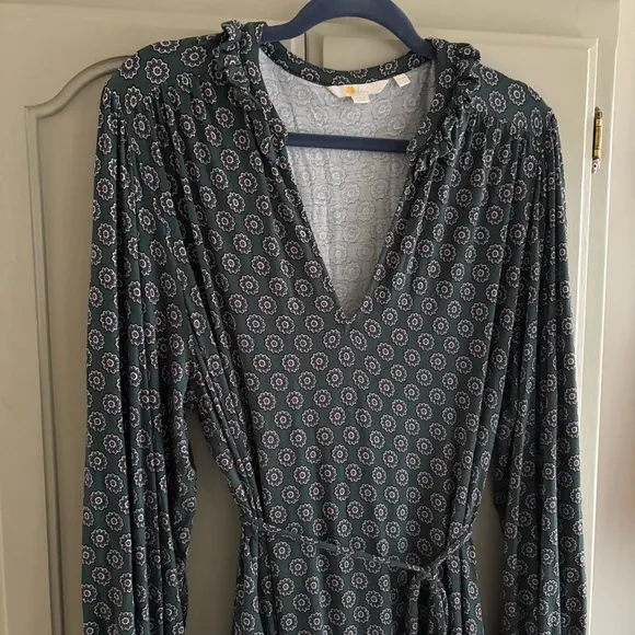 BODEN Notch Neck Jersey Dress | Hunter Green Geo Sunflower | US Size 14
