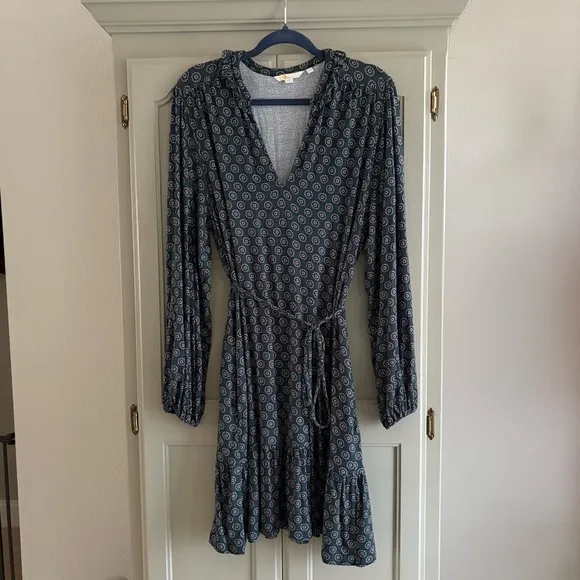 BODEN Notch Neck Jersey Dress | Hunter Green Geo Sunflower | US Size 14