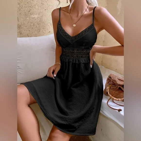 Bohemian Casual Cami V-neckline Flared Hem Summer Beach Dress