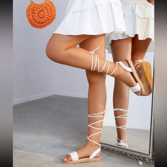 Boho white vegan leather strappy sandals