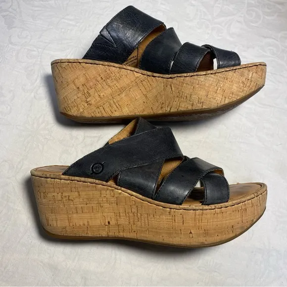 Born 8 Leather Strappy Sandals Slip On Charcoal Black Platform 3 inch Wedge