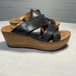 Born 8 Leather Strappy Sandals Slip On Charcoal Black Platform 3 inch Wedge
