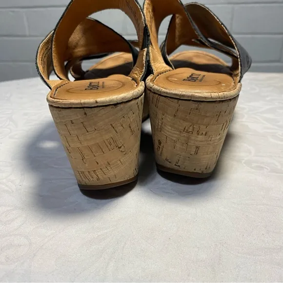 Born 8 Leather Strappy Sandals Slip On Charcoal Black Platform 3 inch Wedge