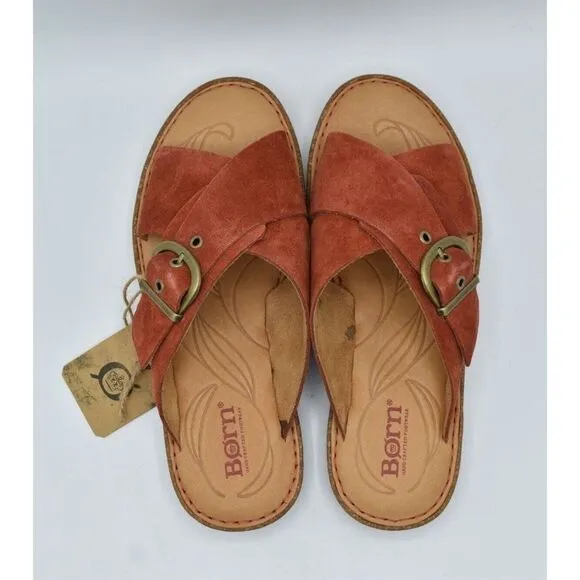 Born Womens Size 9 Rio Red Suede Buckle Slip On Slide Sandals Shoes
