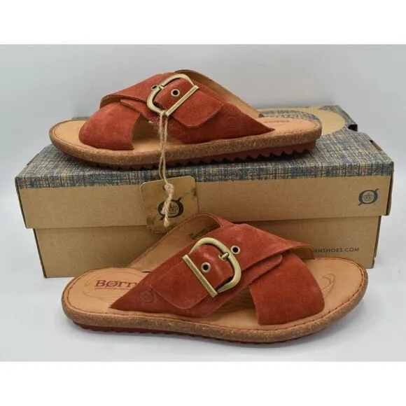 Born Womens Size 9 Rio Red Suede Buckle Slip On Slide Sandals Shoes