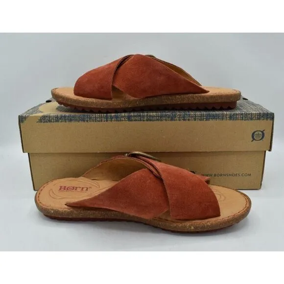 Born Womens Size 7 Rio Red Suede Buckle Slip On Slide Sandals Shoes