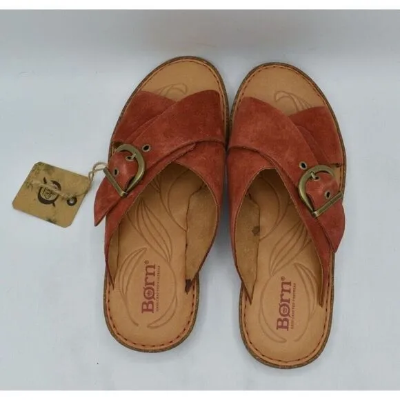 Born Womens Size 7 Rio Red Suede Buckle Slip On Slide Sandals Shoes