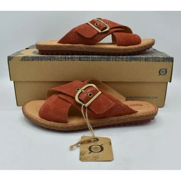 Born Womens Size 7 Rio Red Suede Buckle Slip On Slide Sandals Shoes