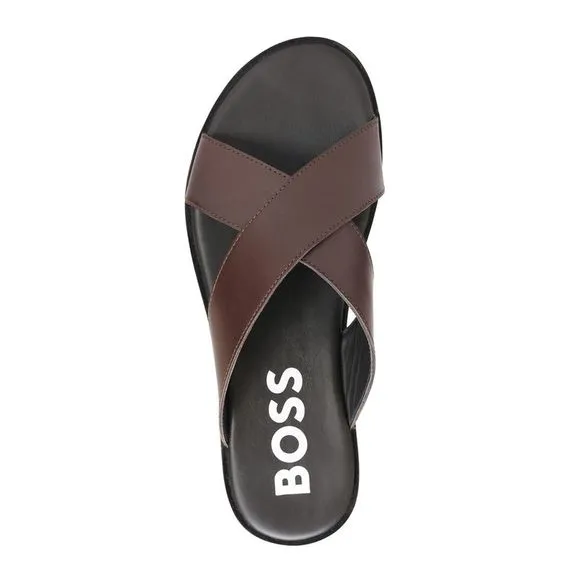 BOSS Mens Brown Cross Straps Darrel Open Toe Slip On Leather Sandals Shoes 41