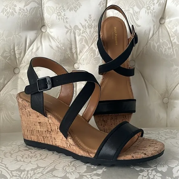 Brand New Hush Puppies Genuine Leather Black Cork Wedge Sandals Cross Strap