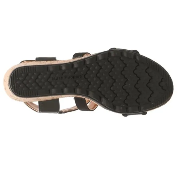 Brand New Hush Puppies Genuine Leather Black Cork Wedge Sandals Cross Strap