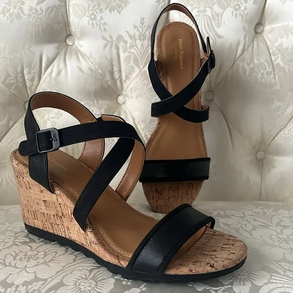 Brand New Hush Puppies Genuine Leather Black Cork Wedge Sandals Cross Strap