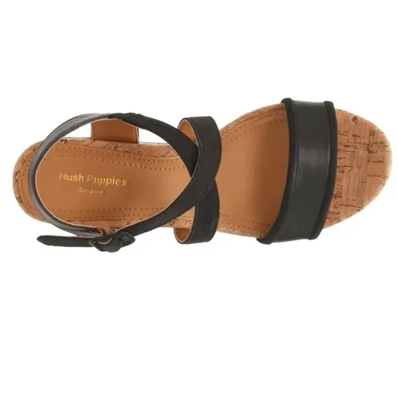 Brand New Hush Puppies Genuine Leather Black Cork Wedge Sandals Cross Strap