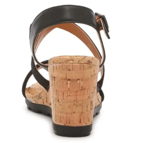 Brand New Hush Puppies Genuine Leather Black Cork Wedge Sandals Cross Strap