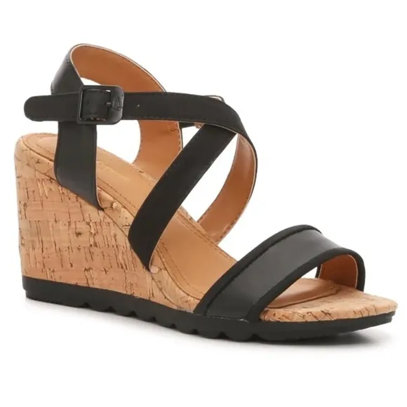 Brand New Hush Puppies Genuine Leather Black Cork Wedge Sandals Cross Strap