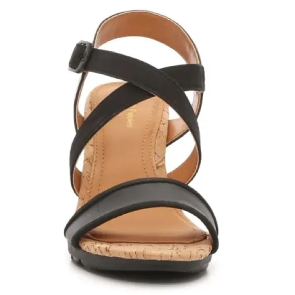 Brand New Hush Puppies Genuine Leather Black Cork Wedge Sandals Cross Strap