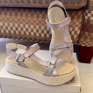 Brand New Nicole Genuine Leather Pathbreaker Espadrille Wedge Sandals Metallic