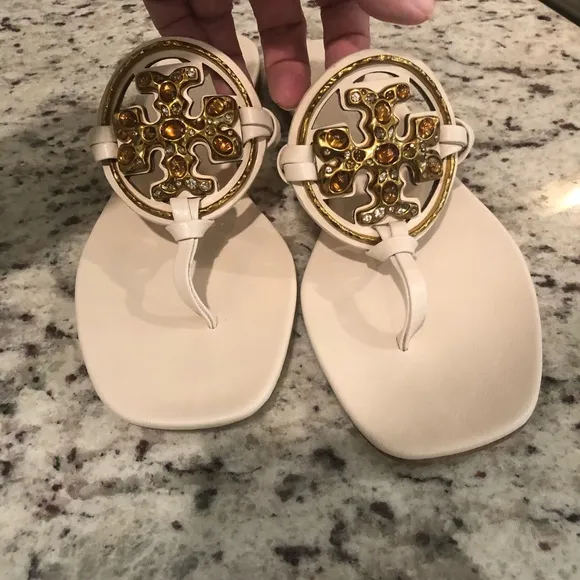 Brand New Tory Burch Cream Gold Sandals with Ornate Medallions 9