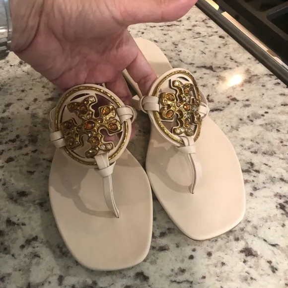 Brand New Tory Burch Cream Gold Sandals with Ornate Medallions 9