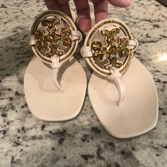 Brand New Tory Burch Cream Gold Sandals with Ornate Medallions 9
