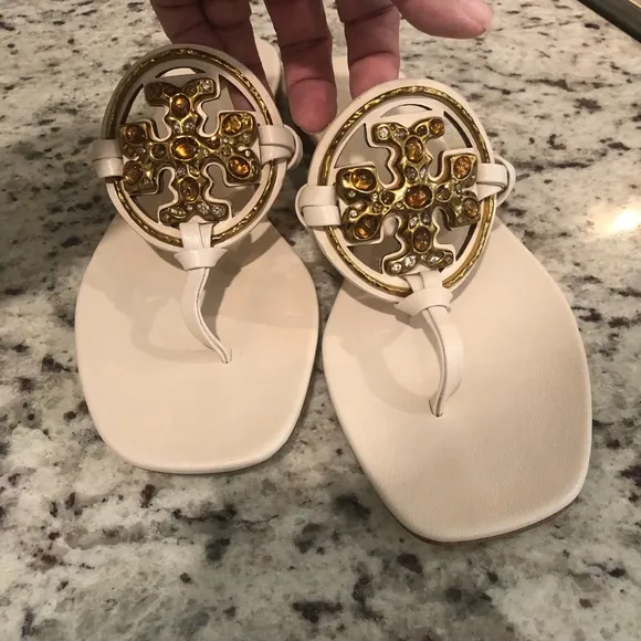 Brand New Tory Burch Cream Gold Sandals with Ornate Medallions 9