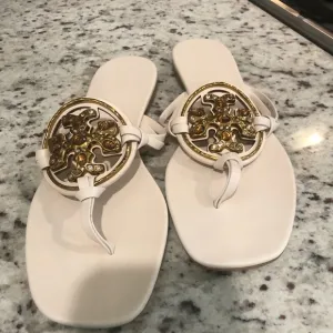 Brand New Tory Burch Cream Gold Sandals with Ornate Medallions 9