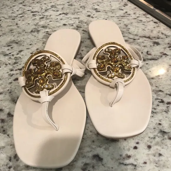 Brand New Tory Burch Cream Gold Sandals with Ornate Medallions 9