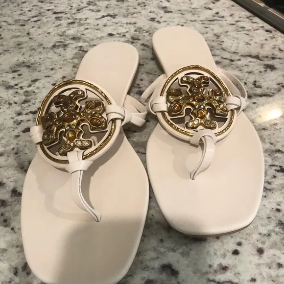 Brand New Tory Burch Cream Gold Sandals with Ornate Medallions 9