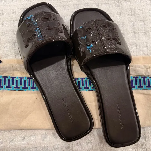 BRAND NEW! Tory Burch Patent Leather Double-T Sports Slide, Cocoa