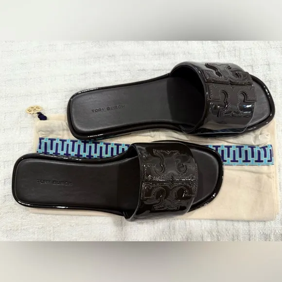 BRAND NEW! Tory Burch Patent Leather Double-T Sports Slide, Cocoa
