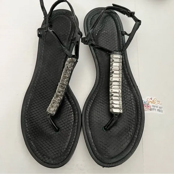 Brian Atwood Black Leather Sandals with Crystal Embellishments Size 8.5 / 39