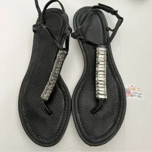 Brian Atwood Black Leather Sandals with Crystal Embellishments Size 8.5 / 39