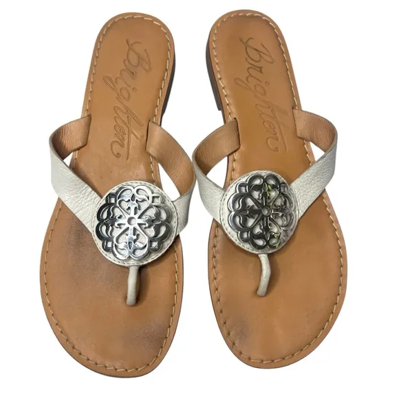 BRIGHTON Alice White Leather Sandals Silver Medallion Size 8.5