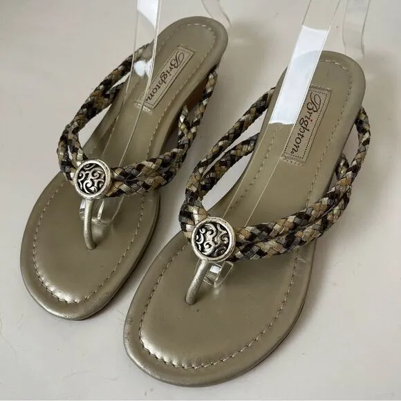 Brighton Braided Leather Sandals 7.5 Lake Metallic Wedge Dressy Shoes Medallion