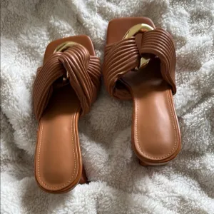 Brown Slide Sandals with Gold Accent