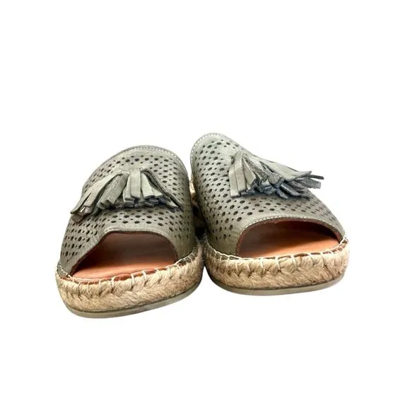 Bueno Navar Leather Laser Cut Peep Toe Slip On Espadrilles Sandals Olive Size 40