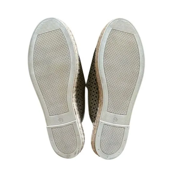 Bueno Navar Leather Laser Cut Peep Toe Slip On Espadrilles Sandals Olive Size 40