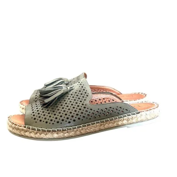 Bueno Navar Leather Laser Cut Peep Toe Slip On Espadrilles Sandals Olive Size 40